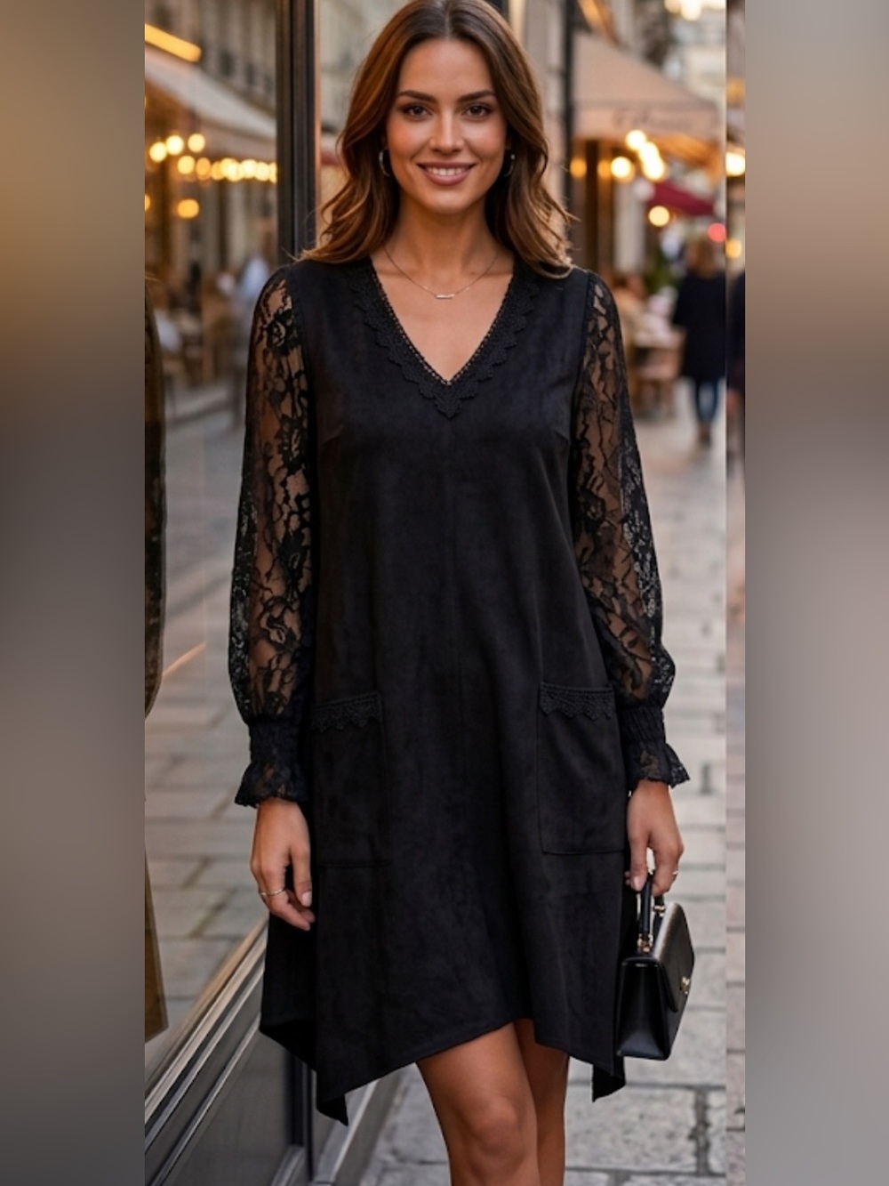 Origami’s  V-Neck Black Lace-Sleeve Long Sleeve Dress NWOT